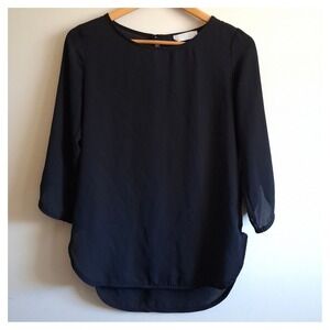 Black Sheer Fairy Goth Blouse Flowy 3/4 Sleeve Hi Low Hem Minimalist Office Sz M